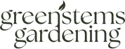 Logo for 'green'stems gardening' with a leaf symbol on a white background